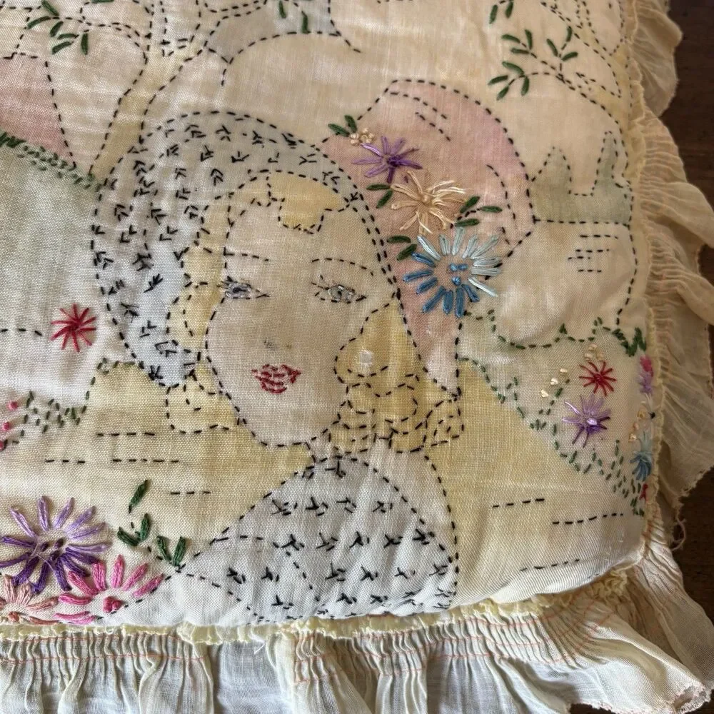 Vtg Pillow 1920s Era Flapper Southern Belle Hand Embroidered Cottagecore AS IS